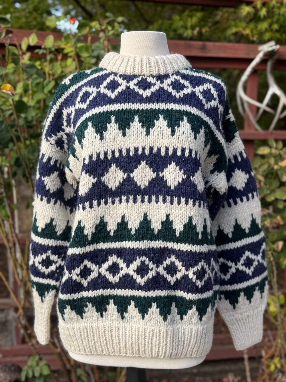 Vintage Cream, Navy & Forest Green Fair Isle Crewneck Sweater